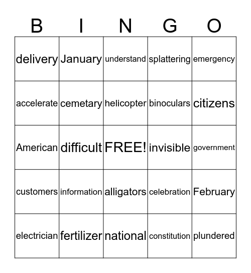 Multisyllabic words in isolation Bingo Card