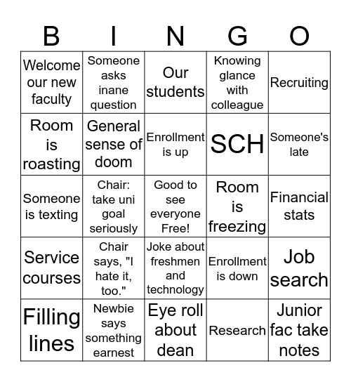 First Faculty Meeting of the Year Bingo Card
