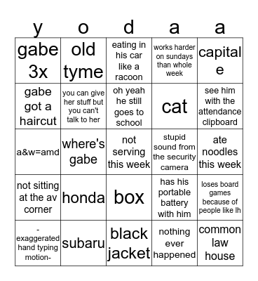 subaru Bingo Card
