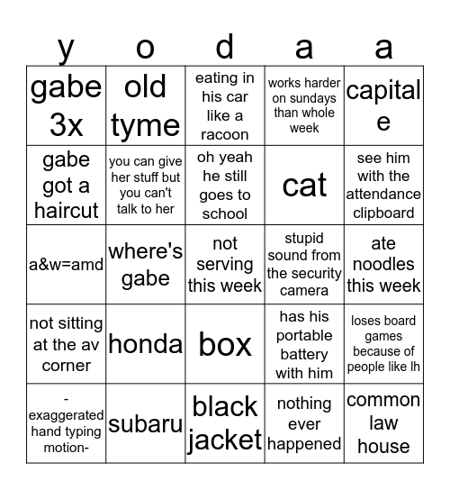 subaru Bingo Card