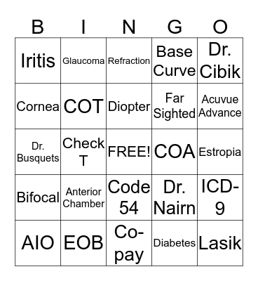 Ophthalmology Bingo Card