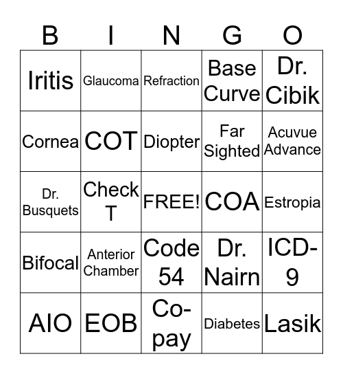 Ophthalmology Bingo Card