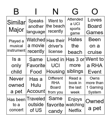 Mingle Bingo Card