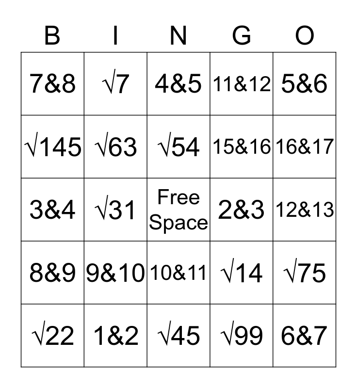 Estimating Square Roots Bingo Card