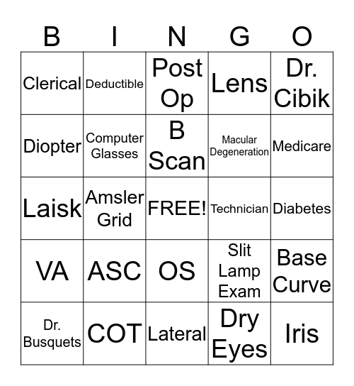 Ophthalmology Bingo Card