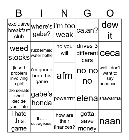 Lady Killer Bingo Card