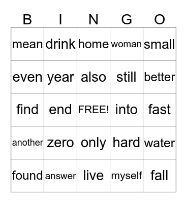 Sight Word Bingo Card
