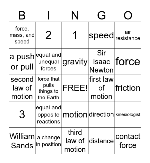 Physical Science Ch. 3 Bingo Card