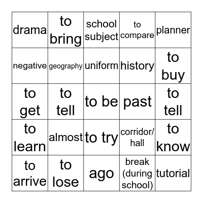 Unit 1 English 6 Bingo Card