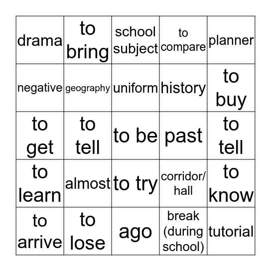 Unit 1 English 6 Bingo Card