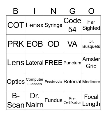 Ophthalmology Bingo Card