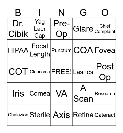 Ophthalmology Bingo Card