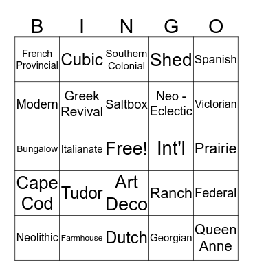 Arch Styles Bingo Card