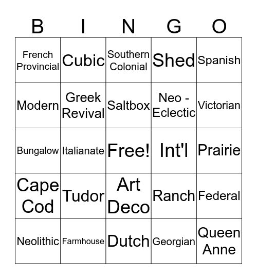 Arch Styles Bingo Card