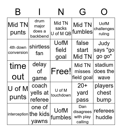 U of M vs Middle Tennesse Bingo Card