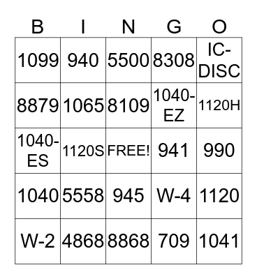 Federal Tax Form Bingo Card