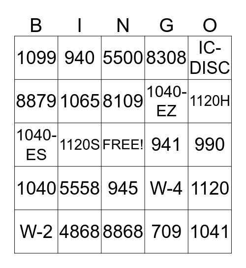 Federal Tax Form Bingo Card