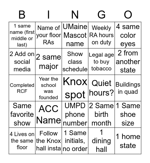 Knox Mingle Bingo Card