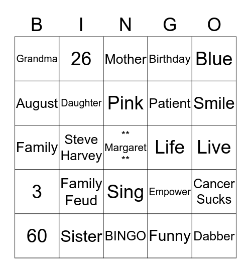 Margaret's 60th Birthday Celebration Bingo Card