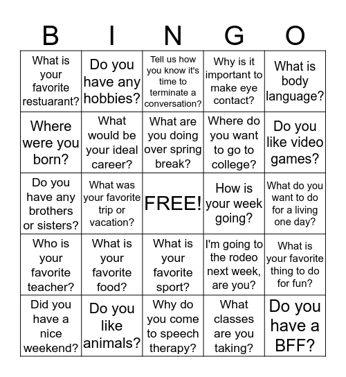 Conversation Bingo  Bingo Card