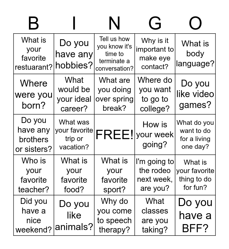 Conversation Bingo Bingo Card