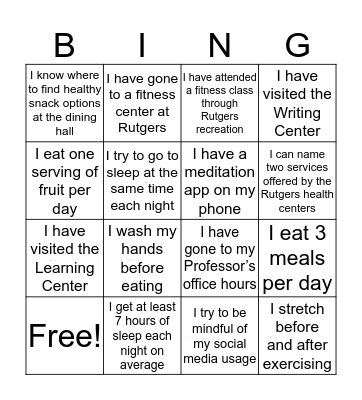 Healthy Habits Bingo Card