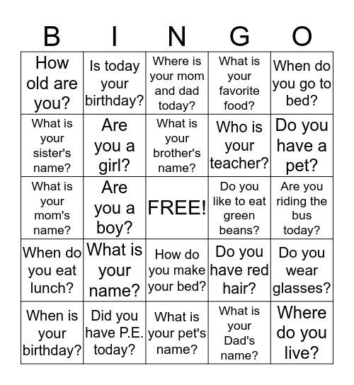 Wh Question Bingo  and Yes/No Bingo  Bingo Card