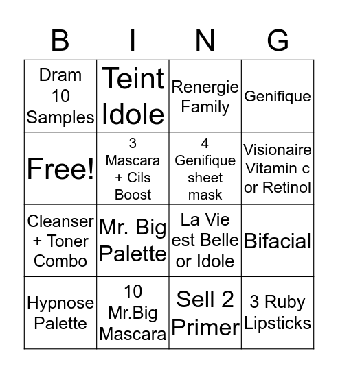 Lancome BING Bingo Card