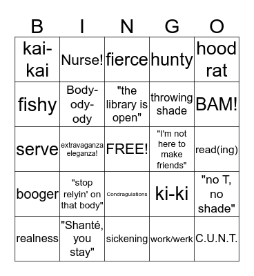 Drag Race Bingo Card