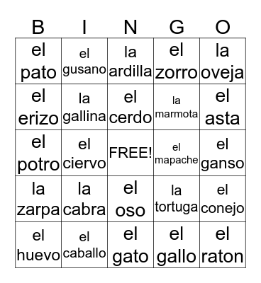Los Animales Bingo Card