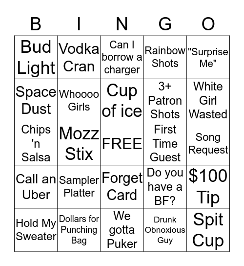 Bar Bingo Card