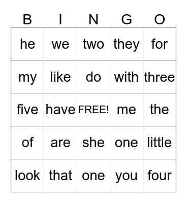 Sight Words Bingo Card