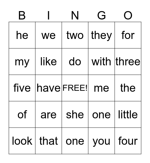 Sight Words Bingo Card