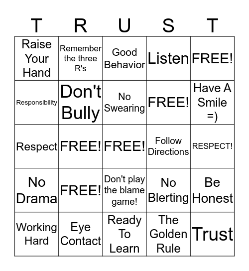 Respect Bingo "TRUST" Bingo Card