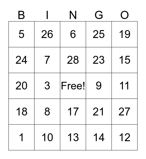 Numbers 1 to 29 Bingo Card