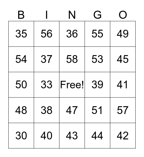 Numbers 30 to 59 Bingo Card