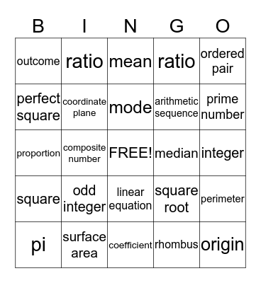 MATH REVIEW BINGO Card