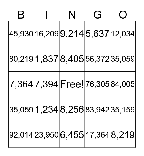Place Value Bingo Card
