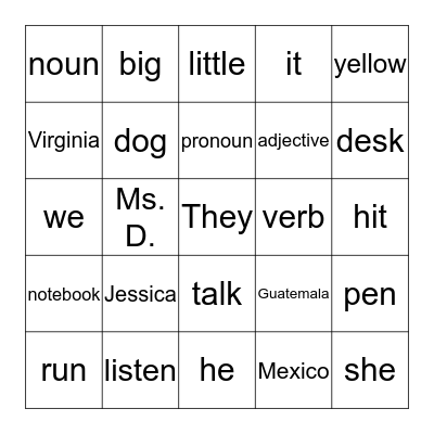 Parts of Speech Bingo Card