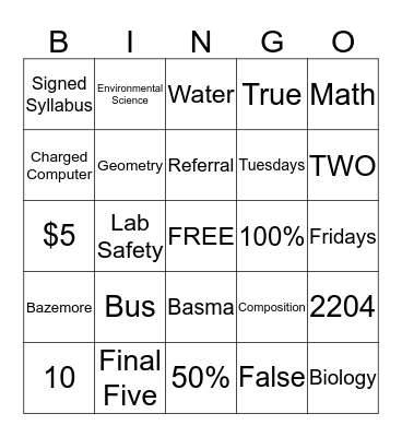 ENV Syllabus Bingo Card