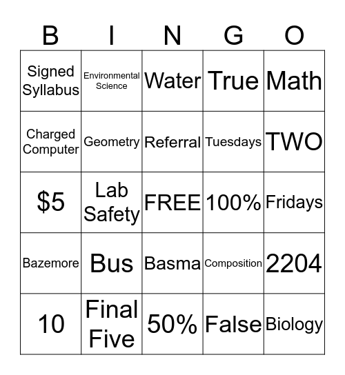 ENV Syllabus Bingo Card