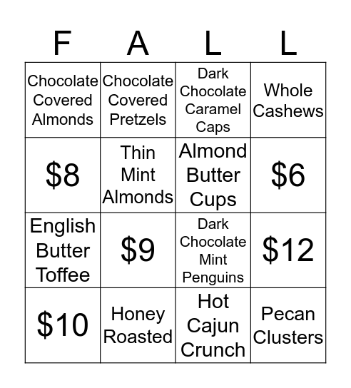 Fall Product  Bingo Card
