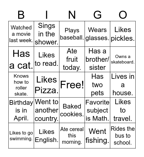 Talk to your classmates! Bingo Card