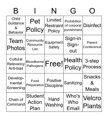Staff Orientation Bingo Card