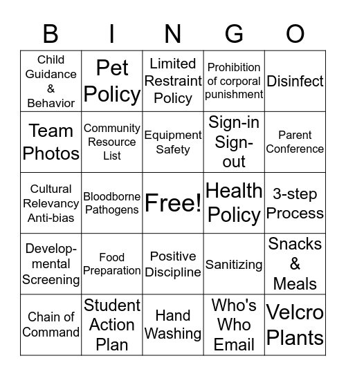 Staff Orientation Bingo Card