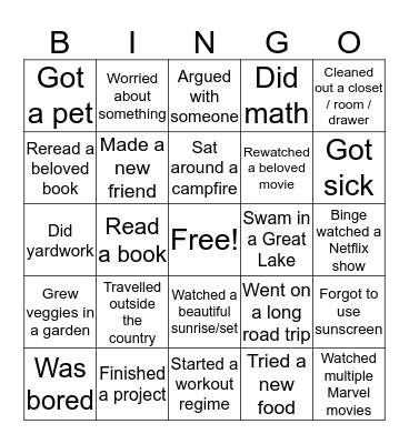 Skytime Summer Bingo Card
