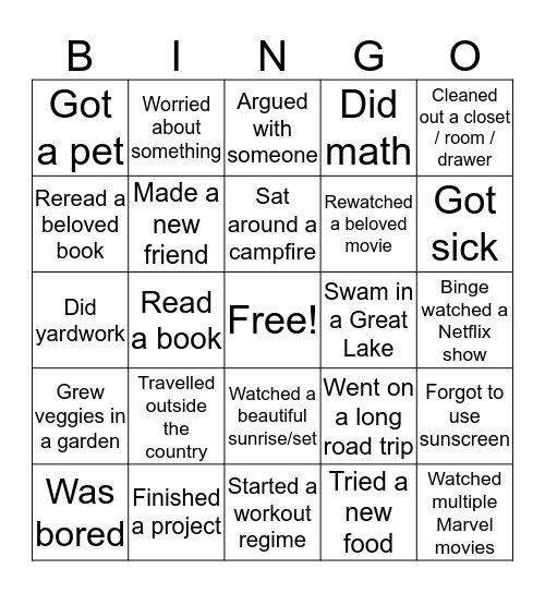 Skytime Summer Bingo Card