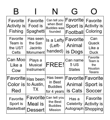 Best Buddies BINGO Card