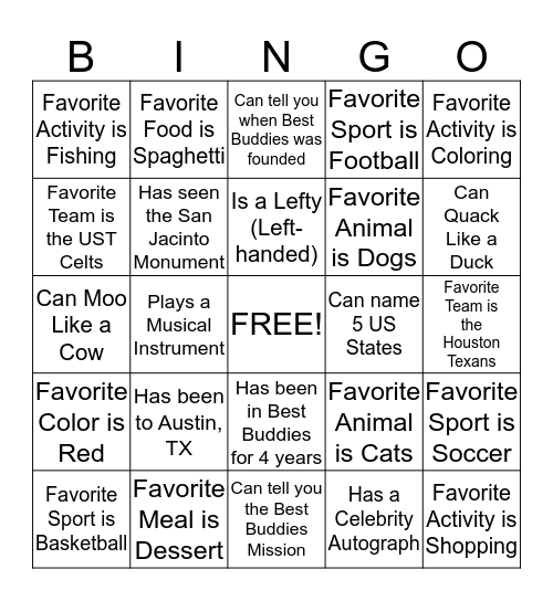 Best Buddies BINGO Card