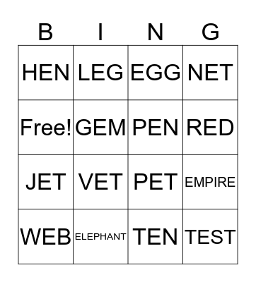 SHORT E VOWELS Bingo Card